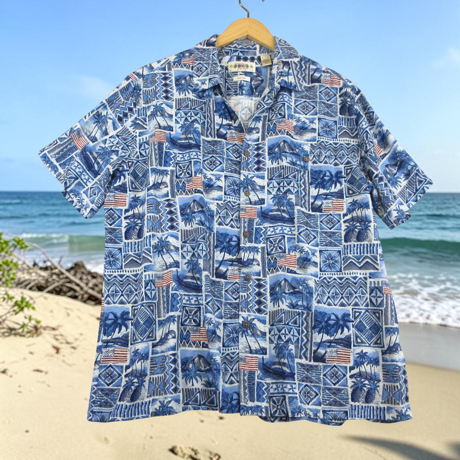 Campia Moda Hawaiian Shirt Mens Xl Blue American Flag Tiki Rayon Aloha Camp